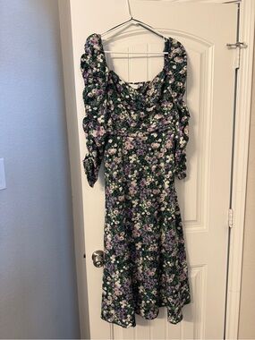 Astr Green Floral Long Sleeve Midi Dress with Purple and White Flowers